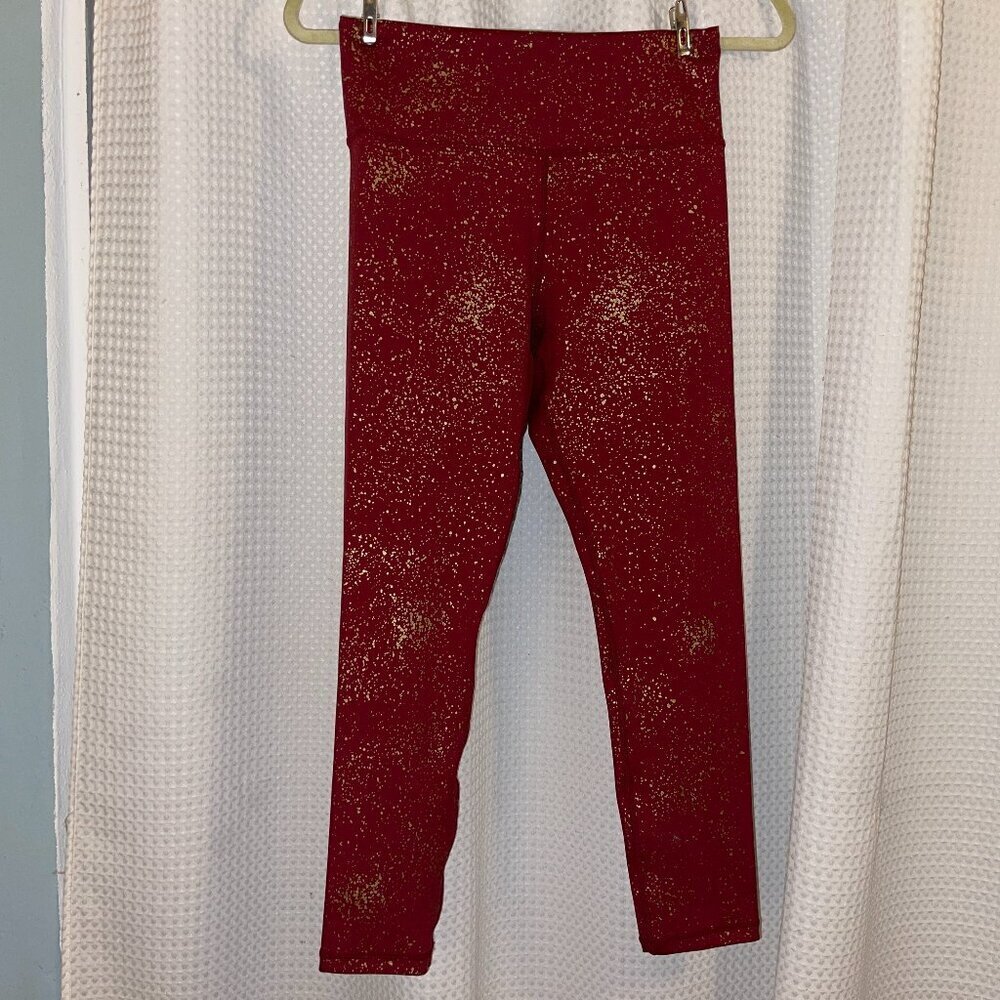 Zyia Active Leggings Women’s 6-8 Red Gold Splatter High Waist Compression